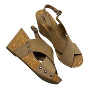 Lucky Brand Leather Tan Strap Wedge Heeled Sandals 8.5
