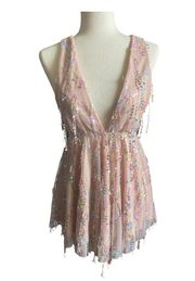 -STUNNING BLUSH SEQUIN MINI DRESS-SIZE XS Gorgeous low V dress with elastic waist, flowy mini skirt, bare back, adjustable straps, covered in hanging sequins, excellent condition, size xs Measurements: Bust: armpit to armpit 14 inches  Waist: side to side 13-17 inches  Length: shoulder seam to bottom 34 inches