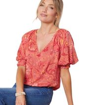 Evereve Red Pink Paisley Camryn Gathered V-Neck Blouse Top New with Tag Sz S