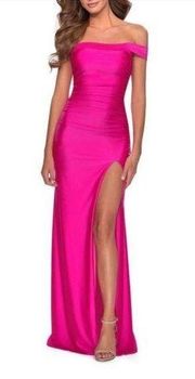 La Femme 28506 Off the Shoulder Satin Trumpet Gown 4 Neon Pink