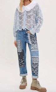 Maje Pandana Patchwork Cropped High Rise Boyfriend Jeans Blue Womens 36 US 2 4