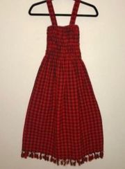 Real Seashell Fringe‎ Hem Plaid Shirring Dress Red