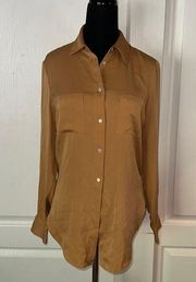 THEORY SILK TAN BROWN BUTTON UP DAINTY OFFICE WORK CASUAL BLOUSE