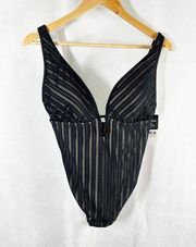 Bar III Plunging  Crochet One-Piece Swimsuit Black Size Large