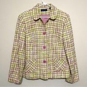 Cream Purple Green Tweed Button Down Blazer Jacket Size 14P