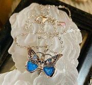 Blue Opal Luna Moth Skull Sterling Silver CZ Necklace