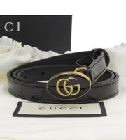 100% Authentic  GG Marmont Oval Laquer Buckle Waist Belt Leather Black 80 524117 0P5AT 32