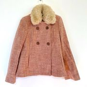 FRENCH CONNECTION Pink Cream Tweed Faux Fur Collar Double Breasted Wool Pea Coat