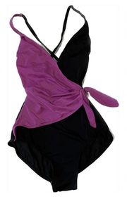 Vtg  purple black 80’s one piece swimsuit swimwear faux wrap balletcore