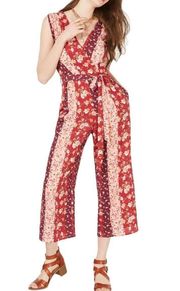 New  Floral Stripe Cropped Jumpsuit Sleeveless V-Neck Belt Red Pink