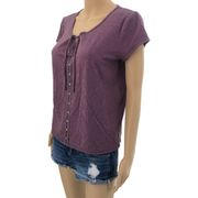 Rock & Republic (M) Purple Striped Tee Button Front Tie Scoop Neck Side Slit