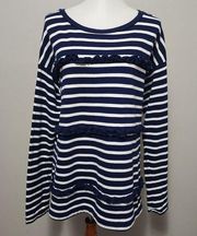 Crown & Ivy Navy White Stripe Ruffled Sweatshirt Size Large