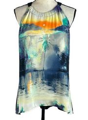 Nicole By Nicole Miller Large Top Sleeveless Semi-Sheer High-Low Tropical Lake