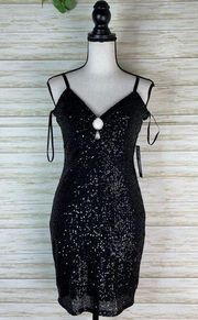 NWT  Black Sequin O Ring Stretch Mini Dress