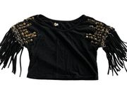 San Joy Shirt Womens Small Black Gold Studded Fringe Sleeve Crop Top Cotton