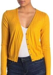 Abound womens XS mustard yellow pointelle knit crop cardigan w front buttons