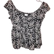 Japna Off Shoulder Floral Smocked Babydoll Peplum Crop Top Black XS