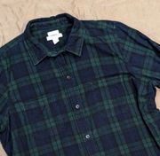 LL Bean Button Up Flannel Shirt Size 1X Cotton Blue Green Plaid Relaxed Fit