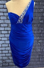 Woman’s one shoulder dress with all over ruching royal blue size 12