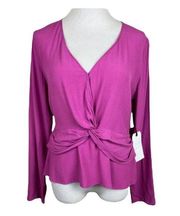 Leith Blouse Top Womens Small Pink Peplum V-Neck Twist Knot‎ Long Sleeve
