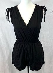 black ruched tie sleeve vneck romper with pockets size small