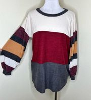 Entro Sweater SMALL Crewneck Pullover Colorblock Stripe Fleece Oversized Casual