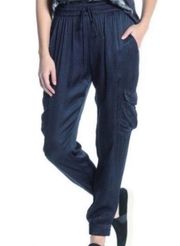 Young Broke Fabulous Satin Cargo Joggers Pants Navy Blue Medium Elastic Waist