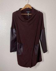 BLANKNYC Vegan Leather Sleeve Knit Cardigan Burgundy Button Cowl Neck NEW