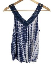 Cato Womens Tank Shirt Top V Neck Tie Dye Embroidered Boho Blue Size Large