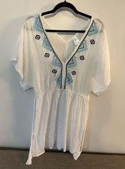 Kona Sol Embroidered Swim Cover-Up Size Small Size Tassels White W/ Blue NEW