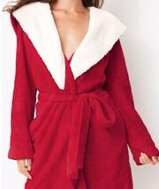 Victoria's Secret  Cozy Hooded Plush Fleece W Sherpa Short Robe Vibrant Red XS/S