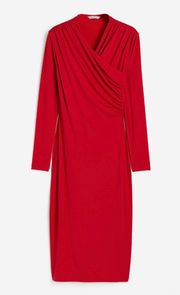 Red Calf Length Draped Bodycon Long Sleeve Dress