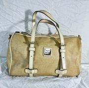 Panama Barrel Satchel Straw Look Coated Canvas leather vintage in Beige camel.