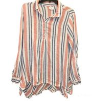 Artisan NY 100% Linen Striped Tunic Button Blouse White Pink Blue Large