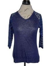 Loveappella Womens Size XS Blue Blouse Top Nerbi Lace Sleeve Keyhole Back Knit