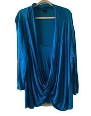 New Directions Womens Plus Size 1X Blue Stretch Cowl Neck Surplice Blouse Top