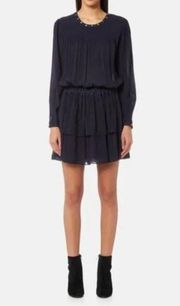 Maison Scotch & Soda Long-Sleeve Mini Flounce Dress Small Navy Blue Denim