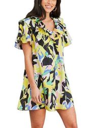 Crosby Isla Colorful Ruffle Short Sleeve V Neck Dress Exotic Tropics Print XS