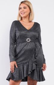 Plus NYE Black Silver Shimmer Belted Asymmetrical Flare Hem