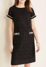 Ann Taylor Dress Black Tweed Button & Faille Trim Shift Dress Sz 10 NWT