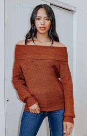 Lulu's Cozy Love Rust Red Ribbed Off the Shoulder Sweater M