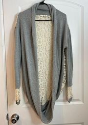 Ellison Boho Gray Floral Crochet Open Front Drape Cardigan Small