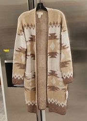 💕JESSICA SIMPSON💕 Open Front Long Cardigan ~ Brown Aztec Print Large L NWT