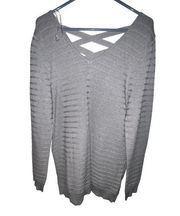 Love Ellie Women’s XL Mia Cross Cross Back Detail Sweater Gray V-Neck Ribbed