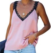 AAKAA V Neckline Satin Lace Straps Cami Tank Relaxed Lined Lightweight Women's S