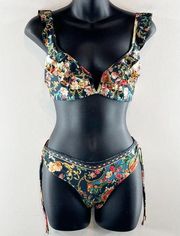 Agua Bendita Malena Sweetheart Ruffle Two Piece Floral Bikini Green Large