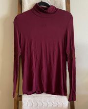 maroon lace detailed turtleneck long sleeve top