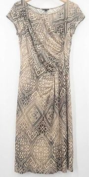 LAFAYETTE 148 NEW YORK Dress Midi Brown/Tan Geometric Print Waist Cinch Medium