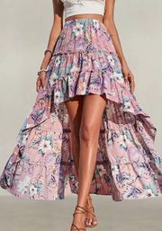 Skirt High Low Floral Pink