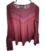 Miss Me Maroon Long Sleeve Thermal T-Shirt With Embroidered Flowers